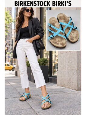 Birki’s Birkenstock Blue Leather Strappy Buckle Sandals EU 39 US 8